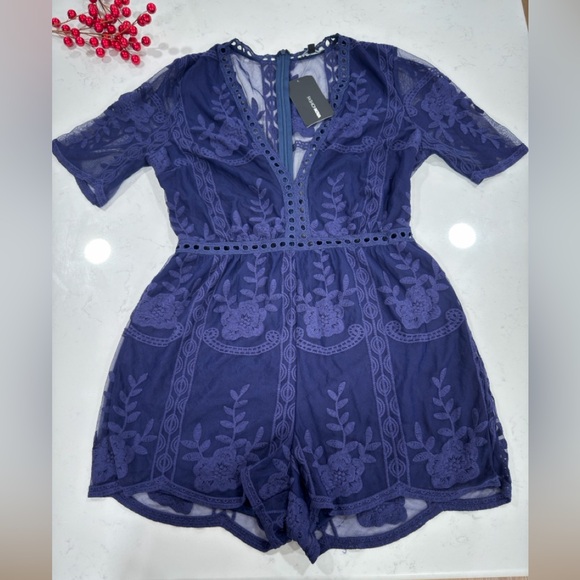 Fashion Nova Deep Blue Lace Romper - Picture 4 of 9